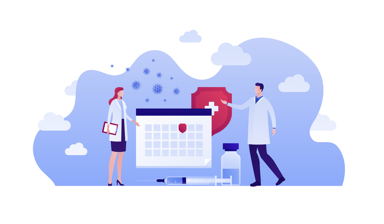 Illustrated image of doctor holding hand up towards a calendar with a red shield on one date across from another doctor - image contains vial and needle